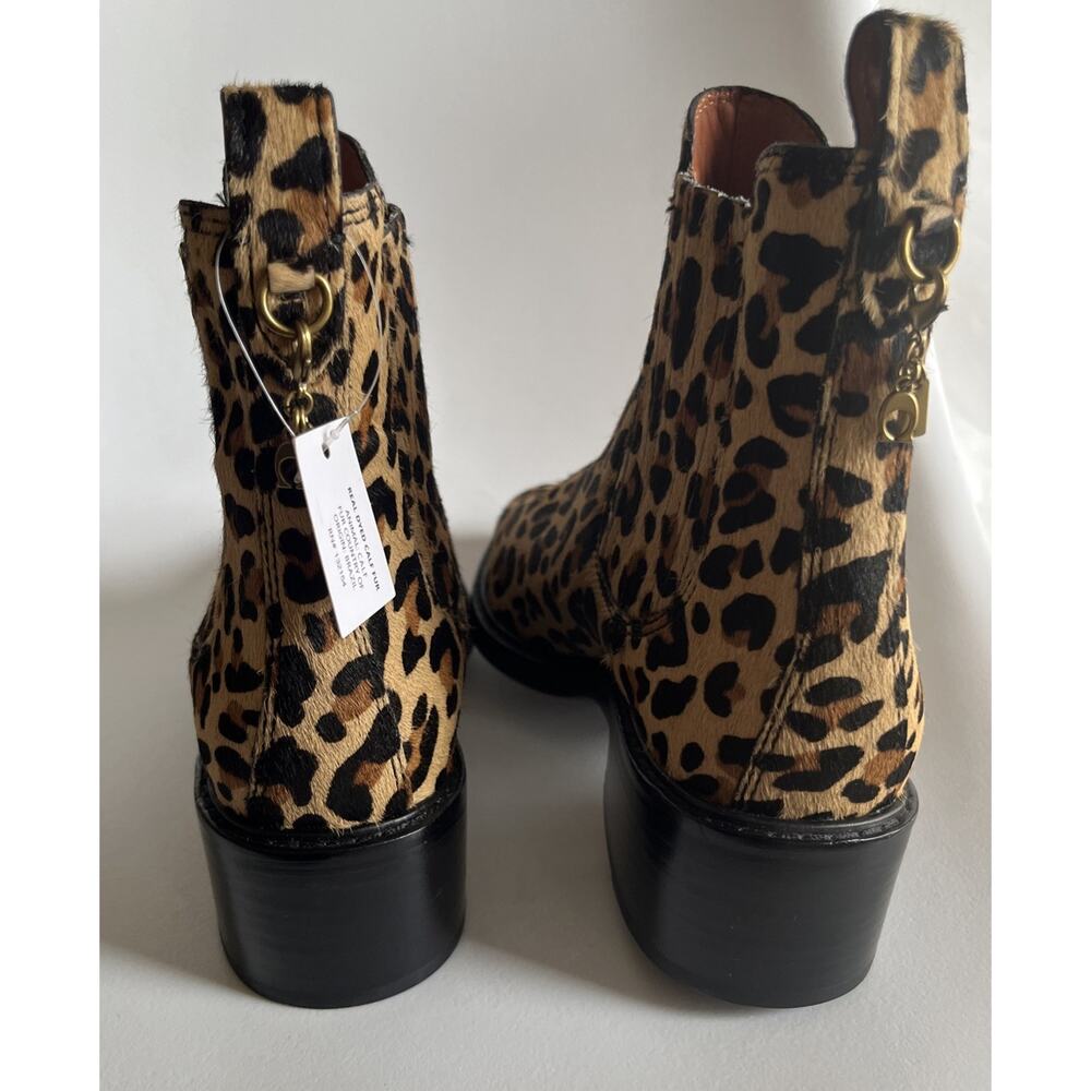COACH Boots Sz 9 Women's Animal Print Bowery Heel Bootie Calf Fur Charm Cheetah - Picture 8 of 16